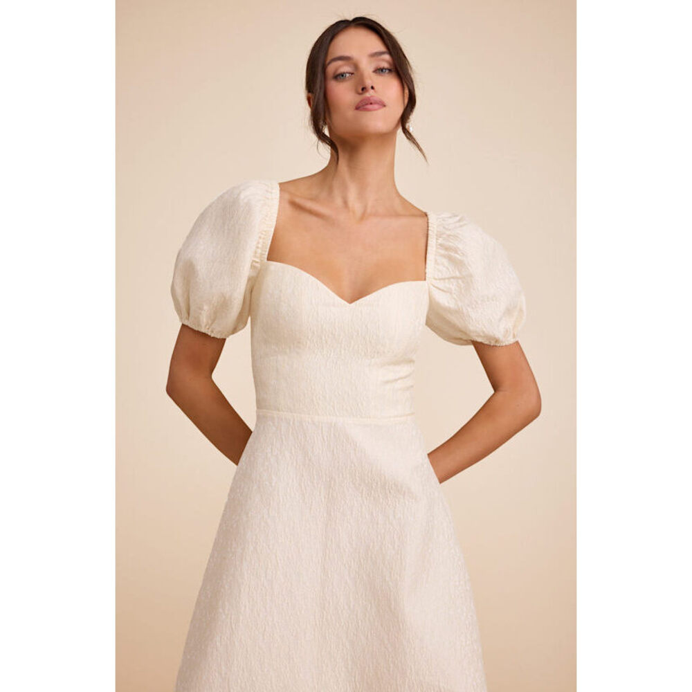 Lulus Melly Ivory Textured Jacquard Puff Sleeve Midi Dress White - Size S